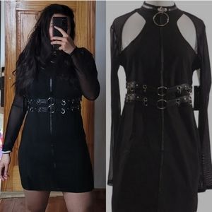 Restyle goth gothic emo chain choker full zip up mesh long sleeve dress